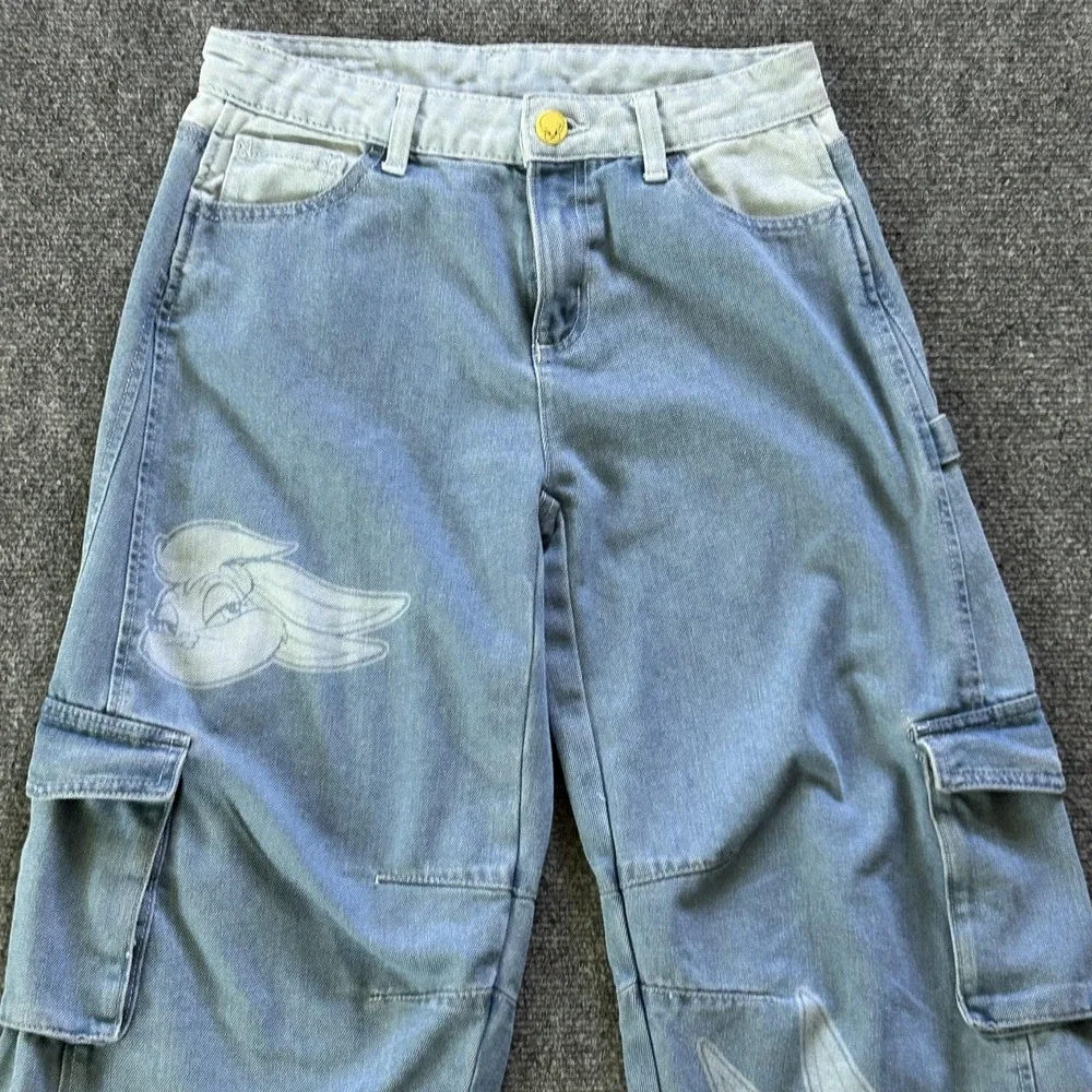 Justice Jeans Girls 16 Blue Barrel Wide Leg Looney Tunes Bugs Bunny Cargo Denim
